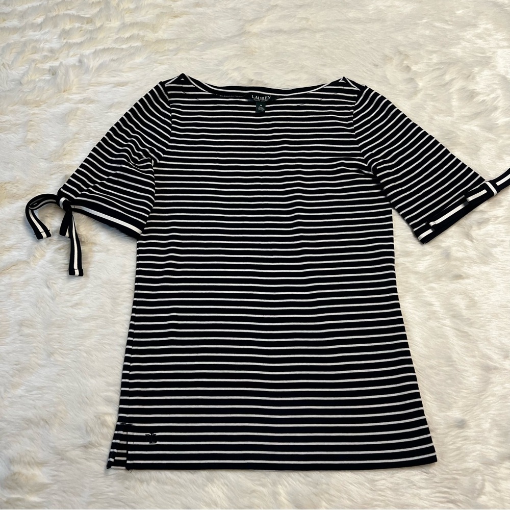 Lauren Ralph Lauren Ribbon-Sleeve Striped Boatneck Top medium
